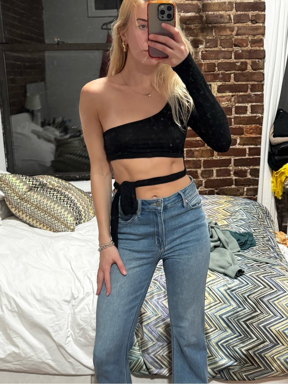 Asymmetric One-Arm Black Wrap Crop Top